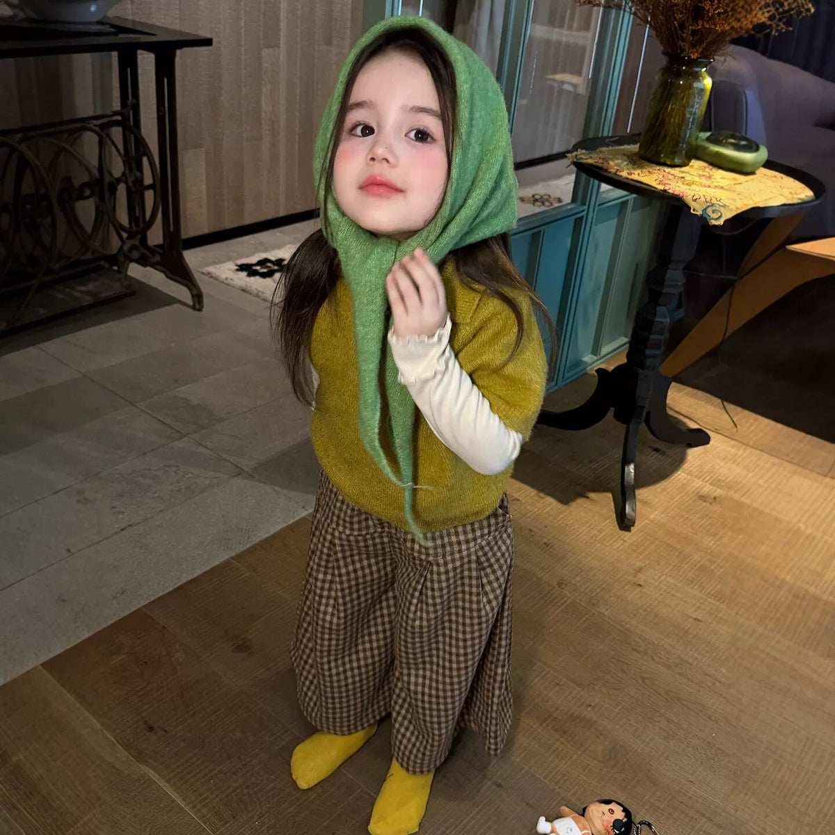 Girls Knit Polo & Plaid Pants Set - Retro Autumn Three-Piece