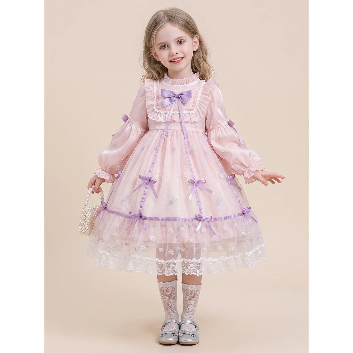 Girls Lolita Puff-Sleeve Dress - Layered Tulle Princess Gown