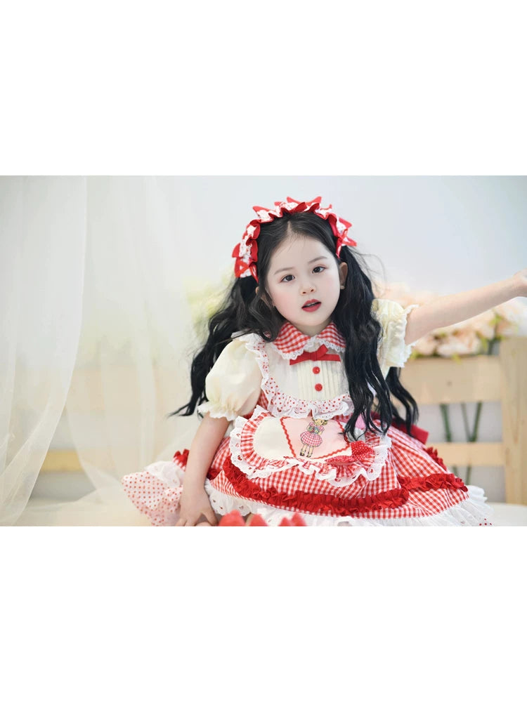 Girls Red-Plaid Lolita Dress - Summer Puffy Princess Dress with Hair Accessory Option