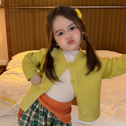 Girls Knit Cardigan, Base Top & Plaid Wide-Leg Pants Set - Retro Autumn 3-Piece