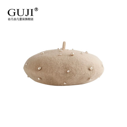 Girls Beret Hat - Wool / Pearl / Knit Artist Cap, 2 Sizes