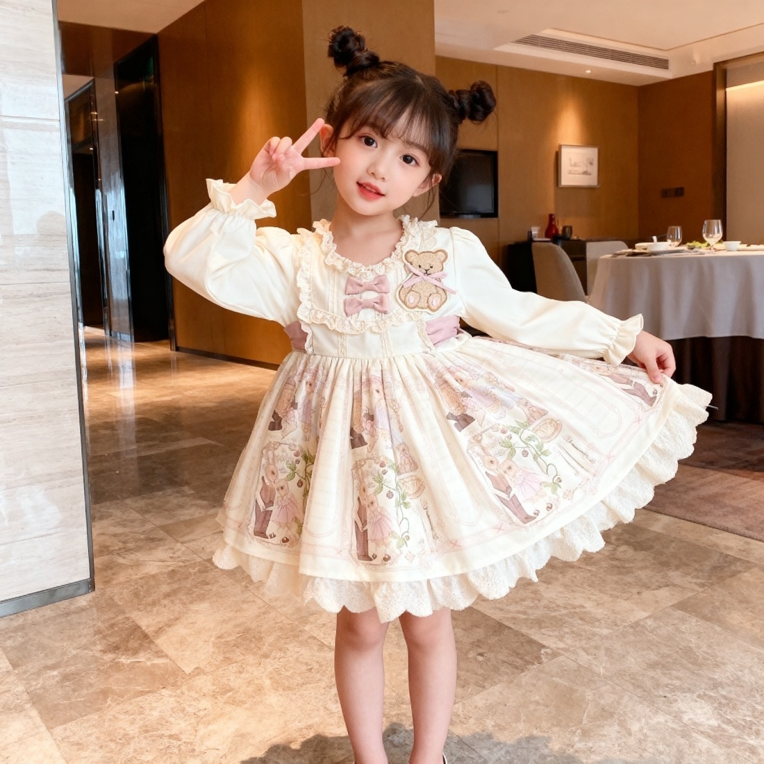 Girls Apricot Fleece-Lined Lolita Dress - Sweet Birthday Princess Gown with Leggings Options