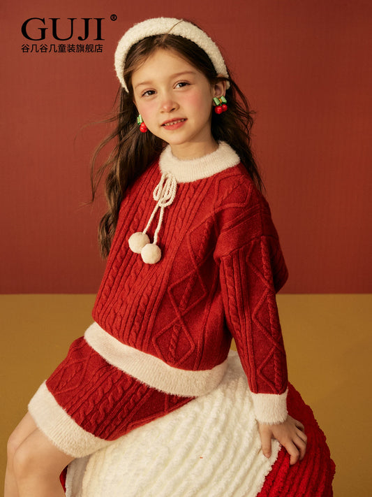 Girls Scarlet Sweater & Skirt Set - Thick Knit Holiday Two-Piece