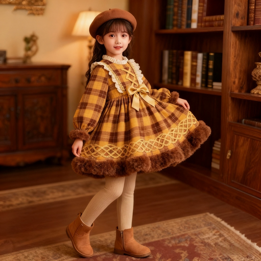 Girls Preppy Plaid Lolita Dress - Fleece-Lined Birthday Gown with Leggings Options