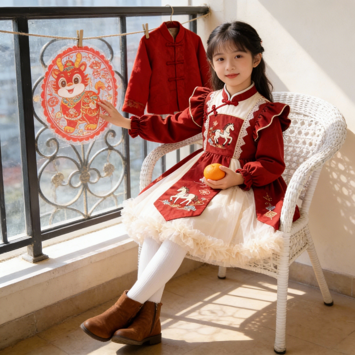 Girls Horse-Embroidered Fleece-Lined New-Year Dress - Tang-Style Princess Gown