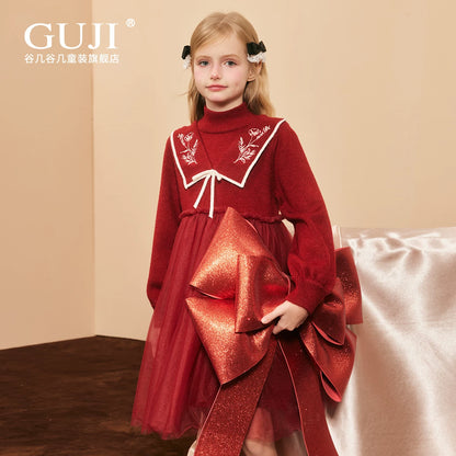 Girls Princess Tulle Sweater Dress - Midi Knit Gown with Mesh Skirt