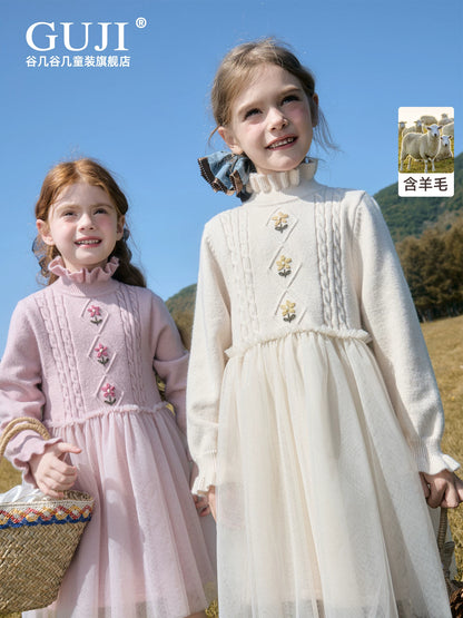 Girls Half-High-Neck Tulle Dress - Cosy Winter Princess Gown