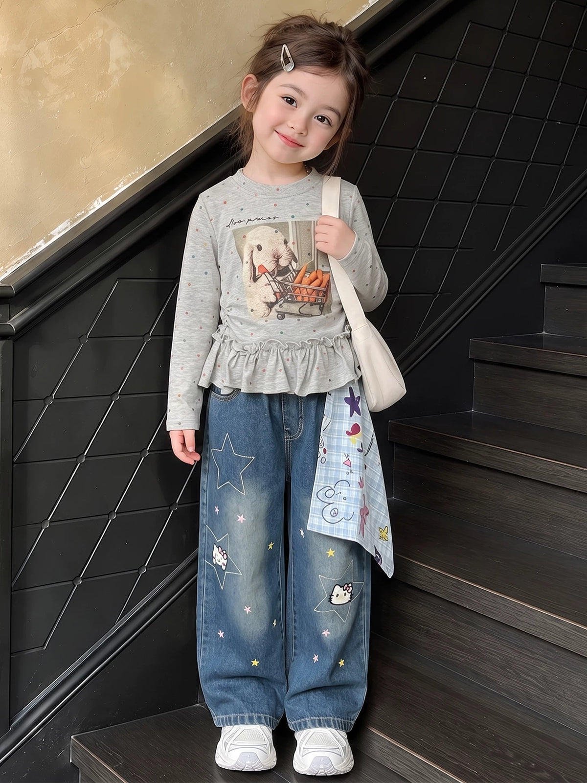 Girls Long-Sleeve Printed Tee & Bandana-Print Jeans Set - Pure Cotton Autumn Separates