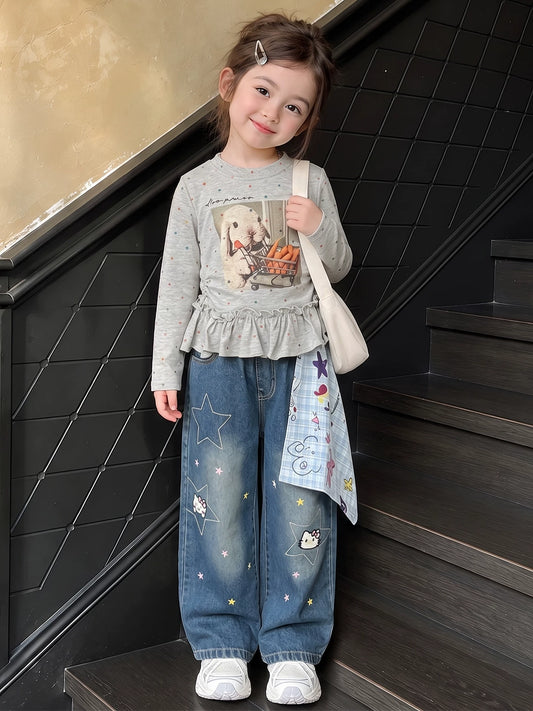 Girls Long-Sleeve Printed Tee & Bandana-Print Jeans Set - Pure Cotton Autumn Separates