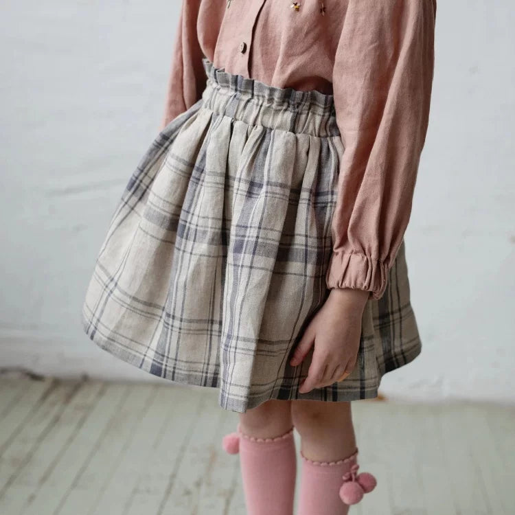 Girls Pure Linen Half Skirt - High-Luxe Retro Midi