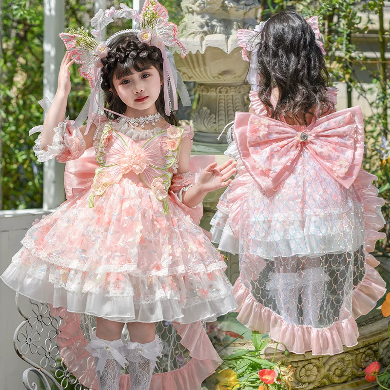 Girls Flower-Fairy Couture Lolita Dress - Puffy Birthday Princess Gown with Train Options
