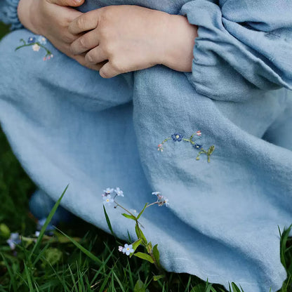 Belgian Linen Nordic Dress - Embroidered Long-Sleeve with Sash