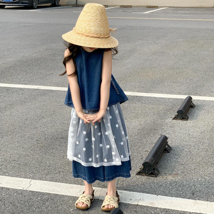Girls Denim Vest & Wide-Leg Pants Set with Mesh Skirt - Summer Layering