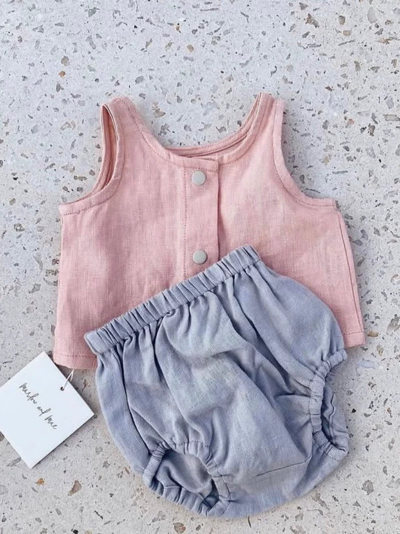 Belgian Pure Linen Baby Set - Sleeveless Romper & Bubble Pants