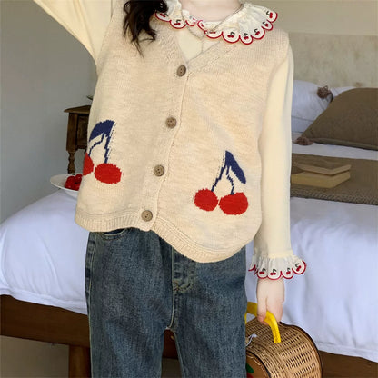 Girls Knit Vest, Tee & Jeans Three-Piece Set - Cherry Print Autumn Separates