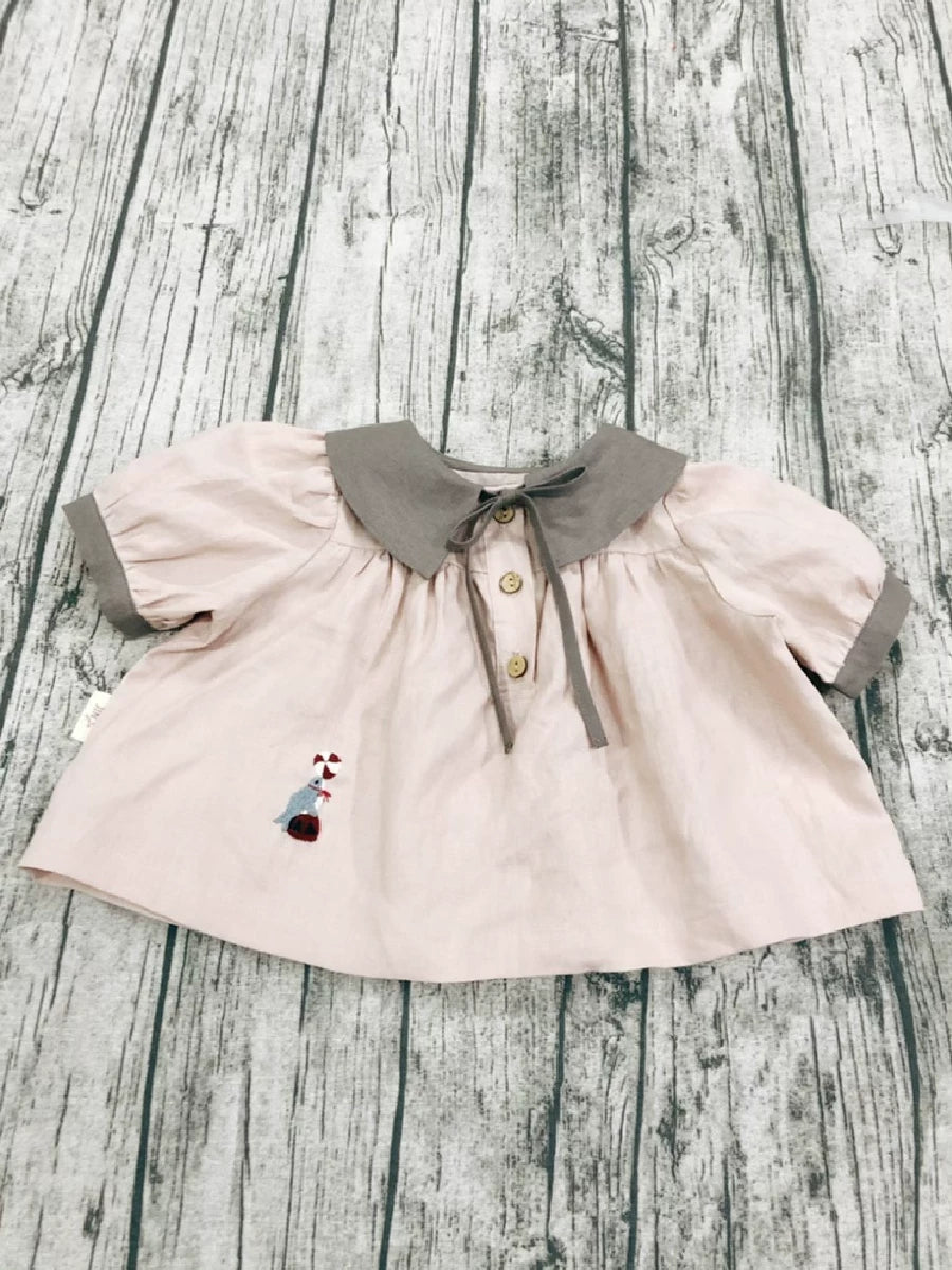 Girls Linen Short-Sleeve Shirt - Forest-Style Contrast Collar