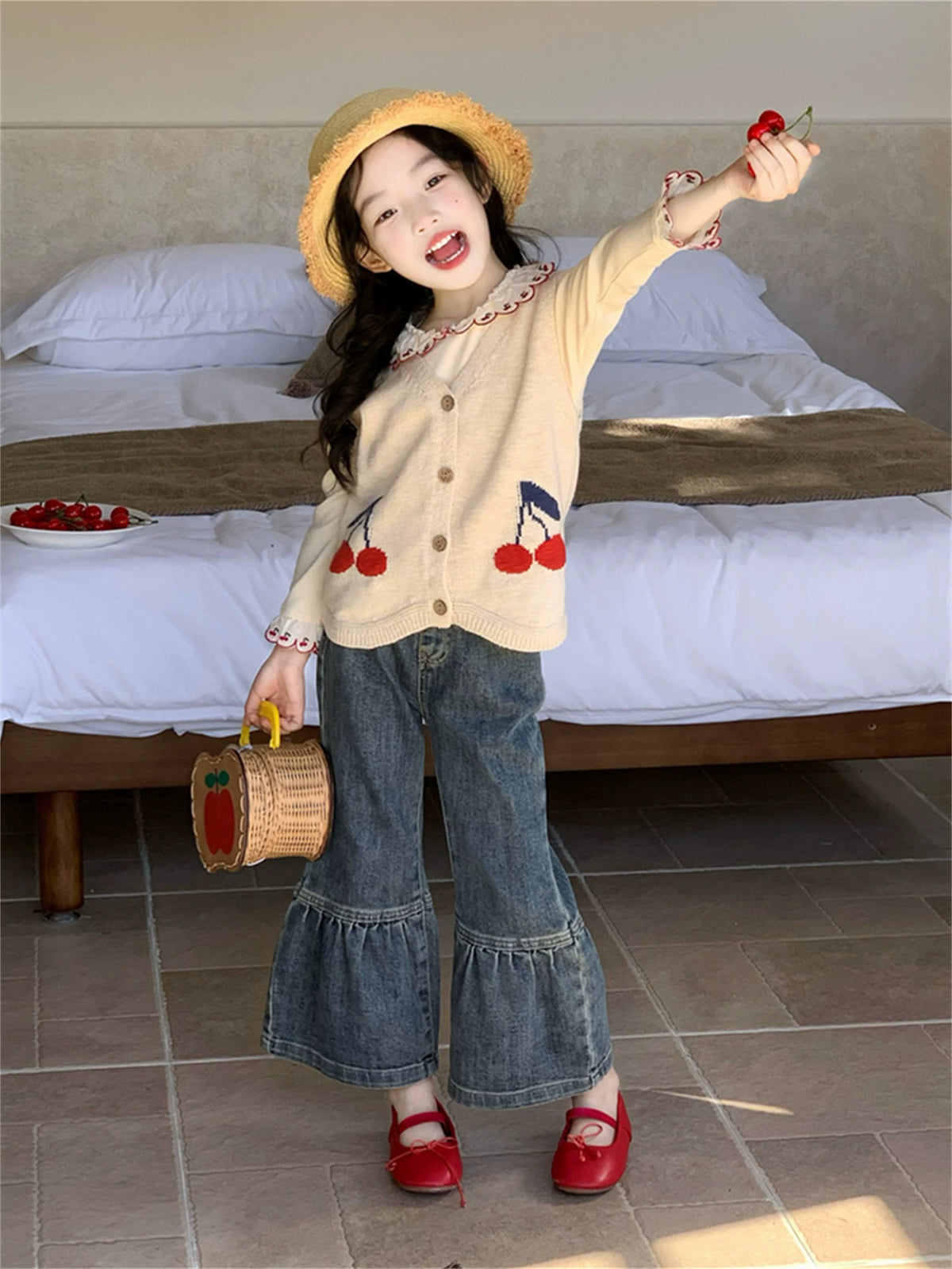 Girls Knit Vest, Tee & Jeans Three-Piece Set - Cherry Print Autumn Separates