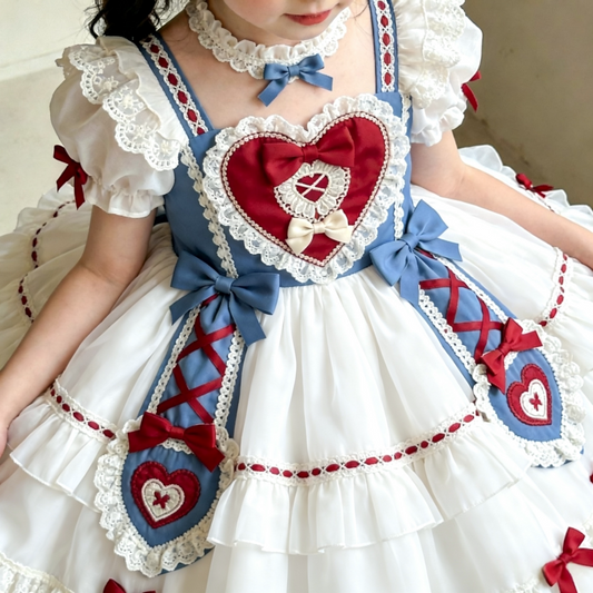 Girls Snow-White Lolita Dress - Sweet Puffy Birthday Stage Gown with Necklace Option