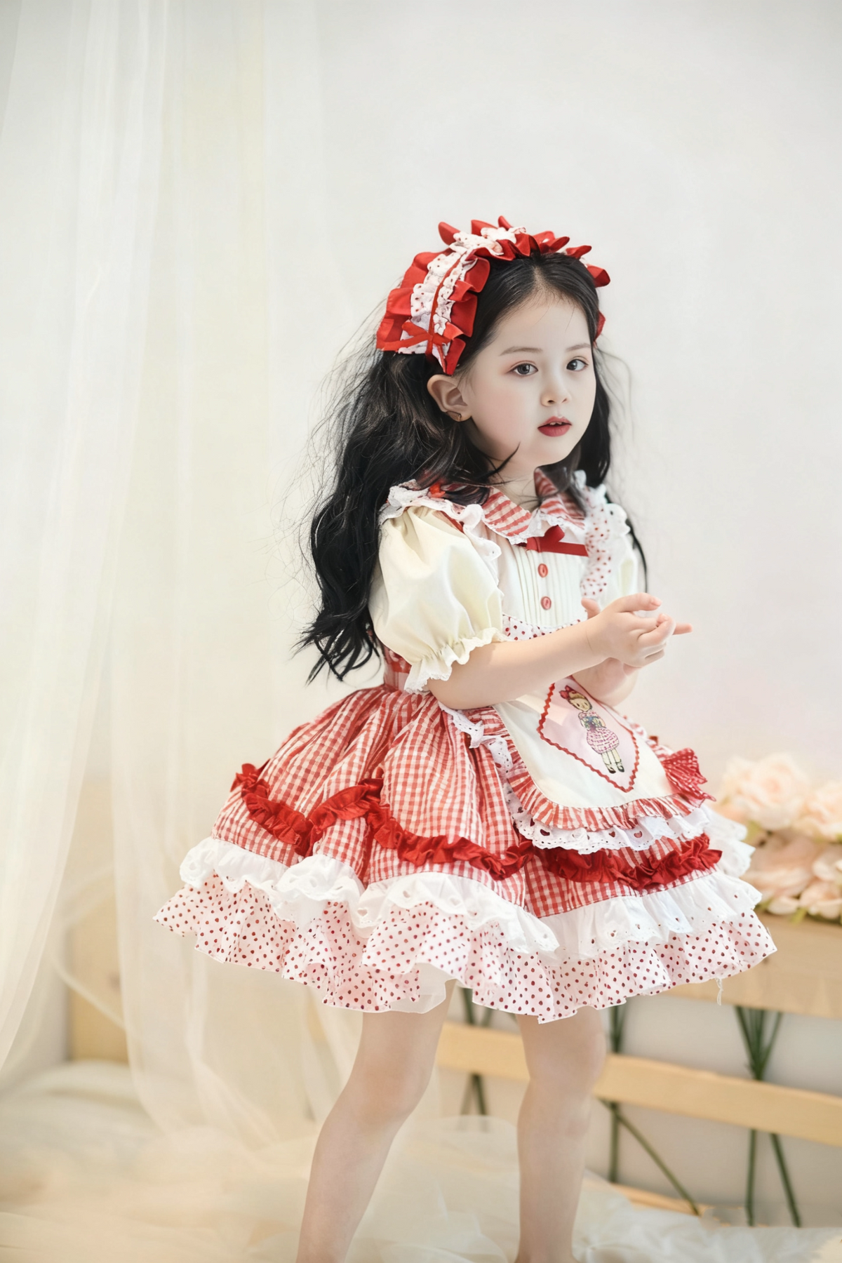Girls Red-Plaid Lolita Dress - Summer Puffy Princess Dress with Hair Accessory Option