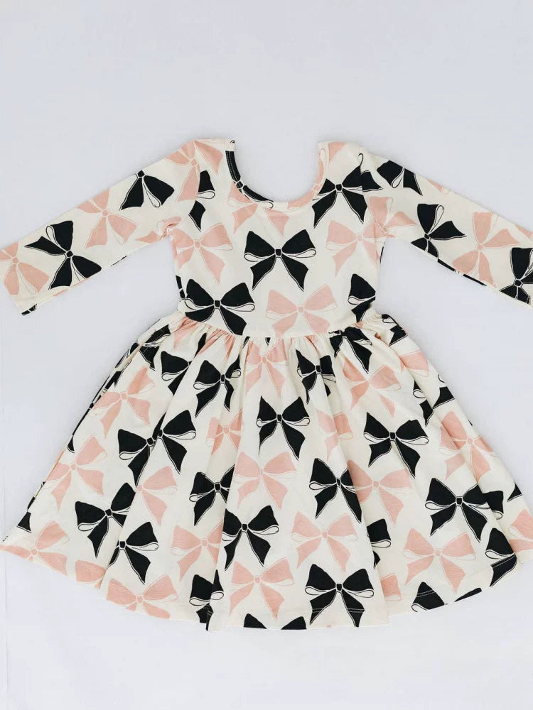 Girls Nordic Linen Dress - Black Bow Long-Sleeve Autumn