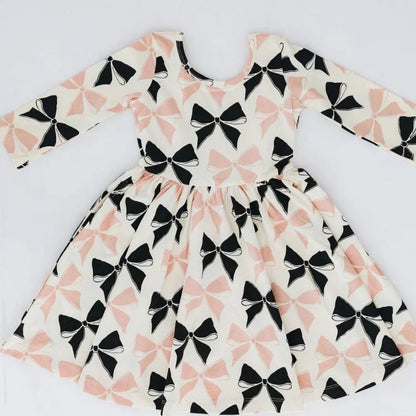 Girls Nordic Linen Dress - Black Bow Long-Sleeve Autumn