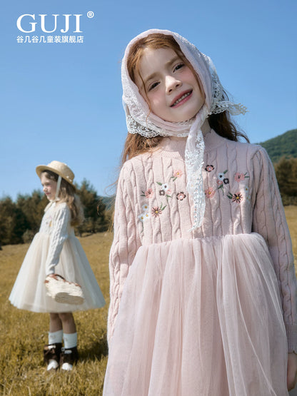 Girls Princess Mesh Knit Dress - Embroidered Winter Sweater Dress
