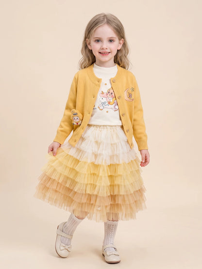 Girls Cartoon Cardigan Three-Piece Set - Knit Top & Tiered Skirt