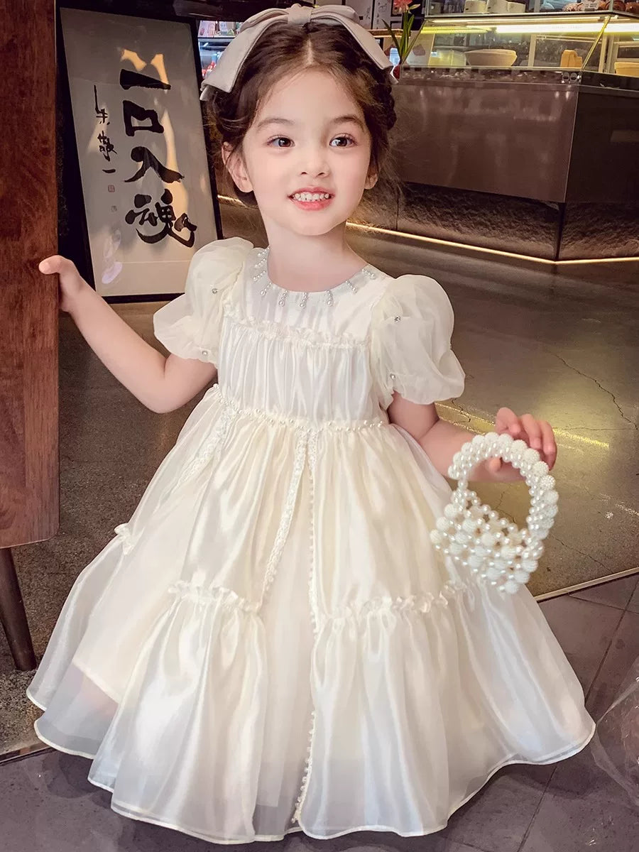 Girls French-Style Puff-Sleeve Dress - Chic Princess Dress