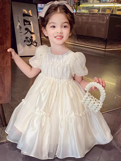 Girls French-Style Puff-Sleeve Dress - Chic Princess Dress