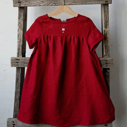 Girls Nordic Pure Linen Dress - Red Long-Sleeve Autumn