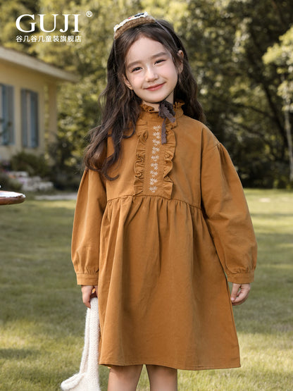 Girls Cotton A-Line Dress - Long-Sleeve Casual Princess Skirt