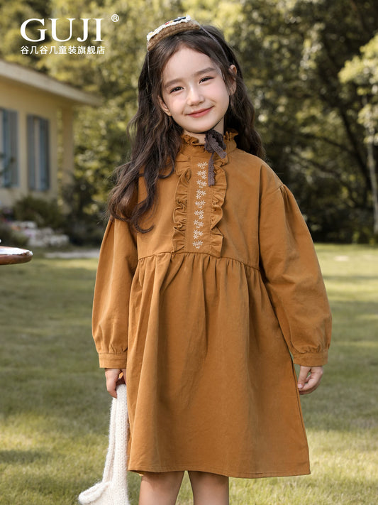 Girls Cotton A-Line Dress - Long-Sleeve Casual Princess Skirt