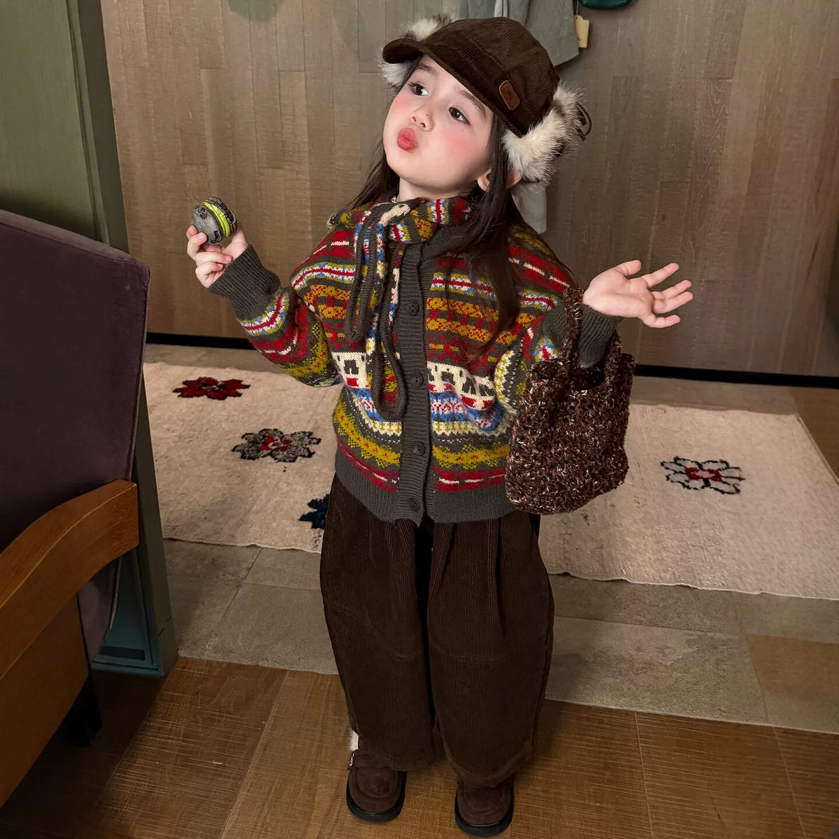 Girls Fair Isle Knit Cardigan & Corduroy Pants Set - Retro Autumn