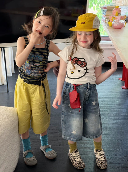Girls Cartoon Tee & Star Denim Capri Set - Summer Mix & Match Outfit