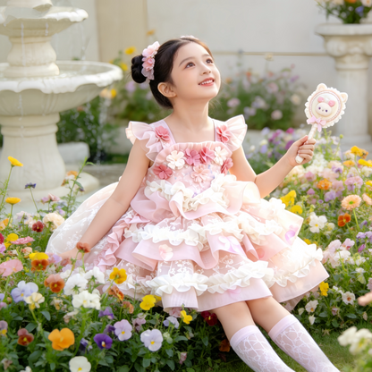Girls Flower-Fairy Couture Lolita Dress - Puffy Birthday Princess Gown with Train Options