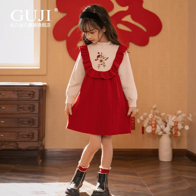 Girls Preppy Knit Sweater Dress - Embroidered Long-Sleeve Midi