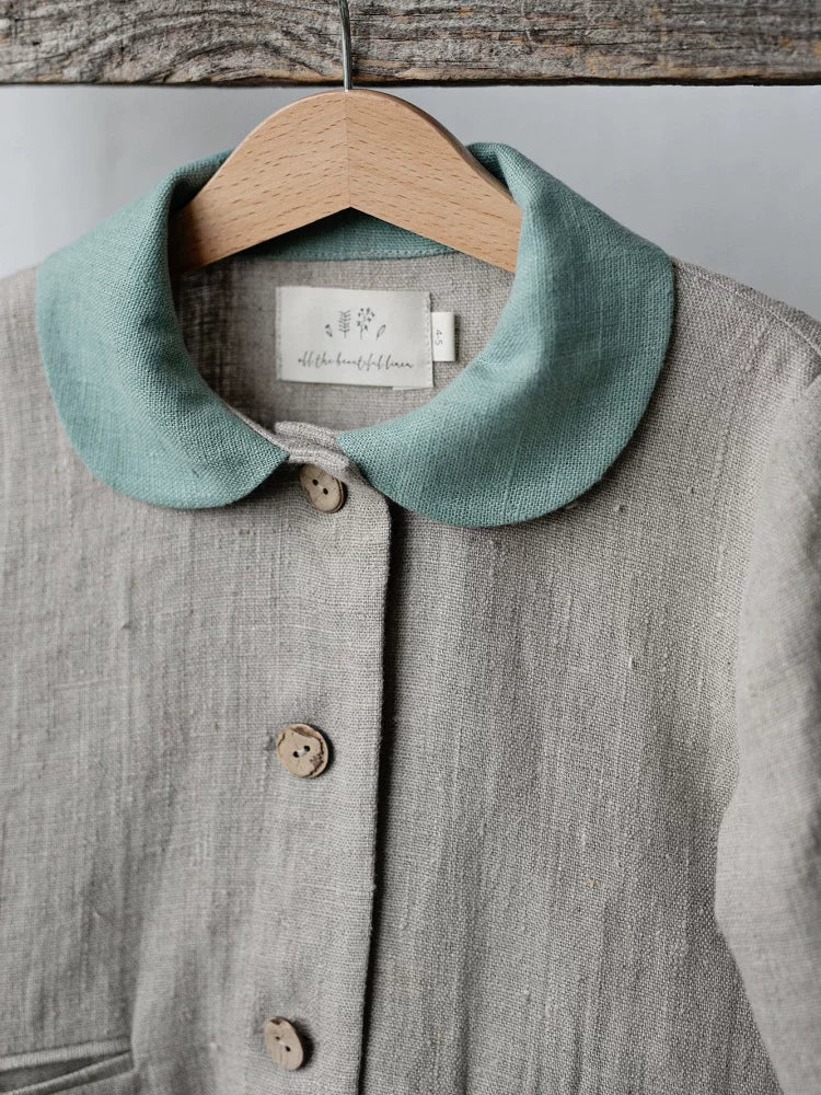 Girls Nordic Linen Shirt - Grey Embroidered Long-Sleeve