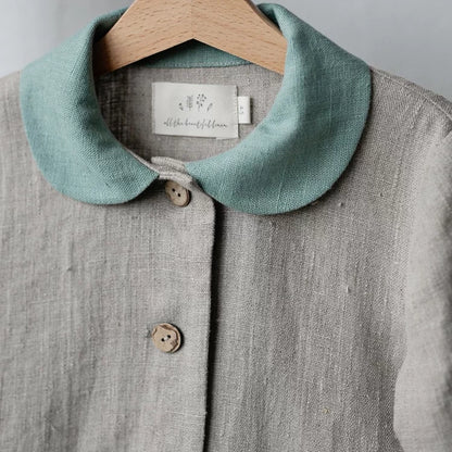 Girls Nordic Linen Shirt - Grey Embroidered Long-Sleeve