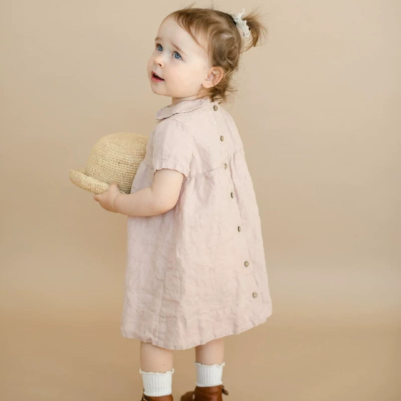 Girls Nordic Doll-Collar Linen Dress - Alice Style Short Sleeve