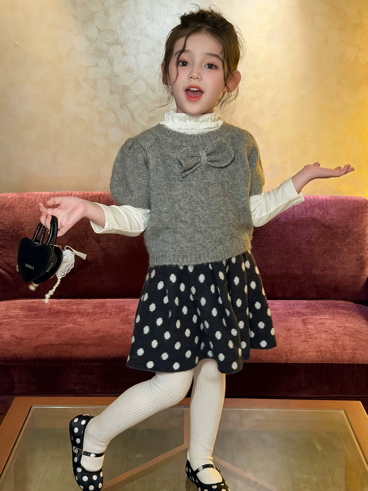 Girls Bow Knit Vest & Sweater Skirt Set - Sweet Autumn