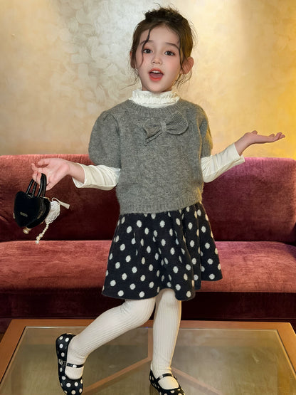 Girls Bow Knit Vest & Sweater Skirt Set - Sweet Autumn