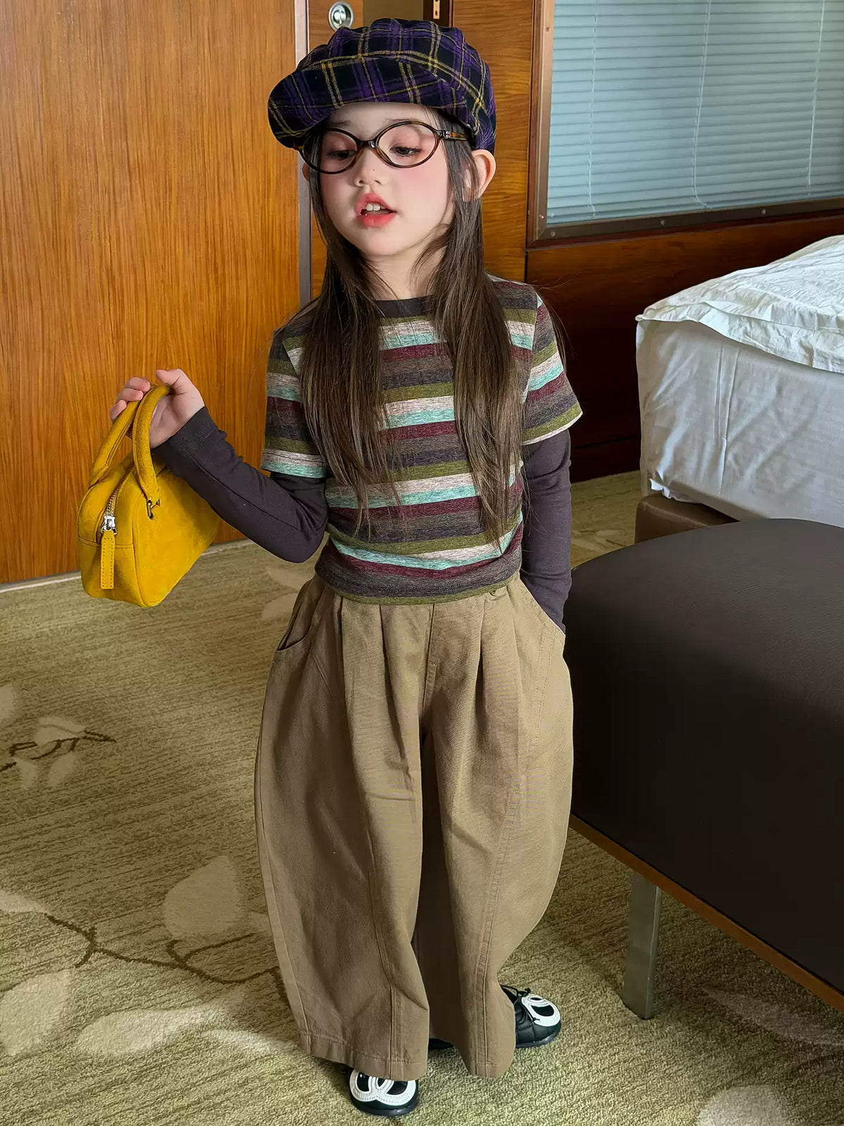 Girls Faux Two-Piece Striped Tee & Wide-Leg Pants Set - Korean Autumn Outfit