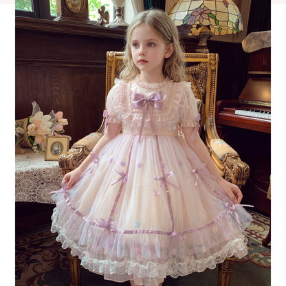 Girls Lolita Puff-Sleeve Dress - Layered Tulle Princess Gown