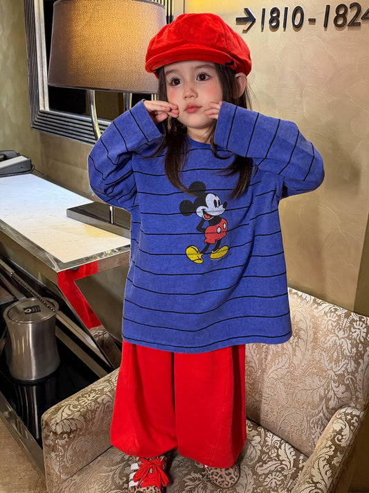 Girls Cartoon Striped Tee & Pants Set - Relaxed Korean Autumn Two-Piece