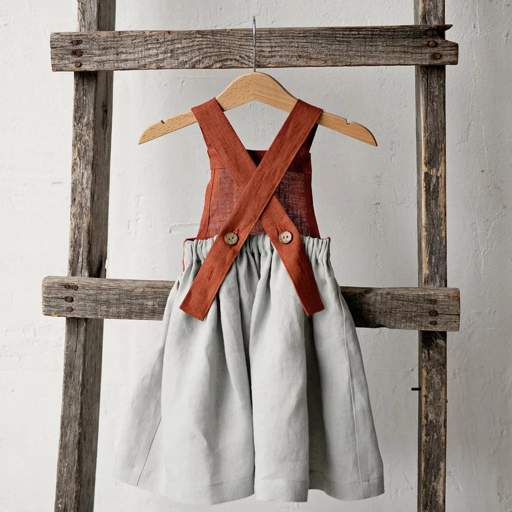 Girls Nordic Linen Pinafore Dress - Contrast-Strap Custom Colour