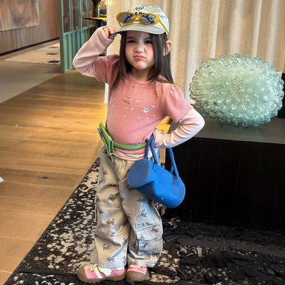 Girls Striped Star Tee Two-Piece & Cartoon Cargo Pants Set - Autumn Mix & Match