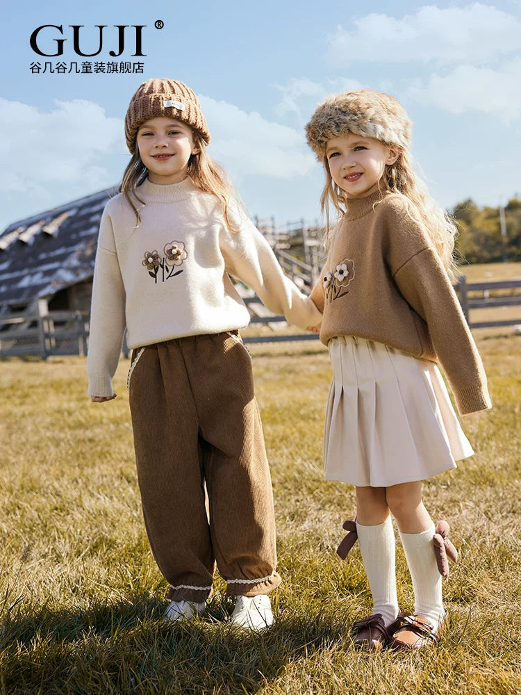 Girls Fleece-Lined Corduroy Joggers - Ruffle-Cuff Warm Pants