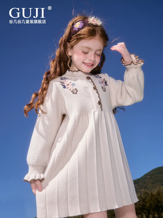 Girls Knit Princess Dress - Embroidered Autumn Long-Sleeve Gown