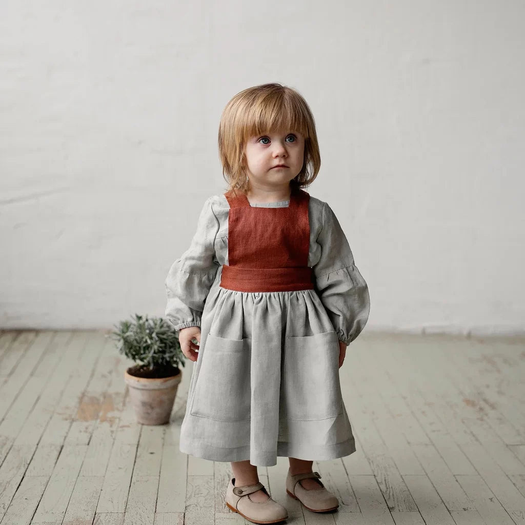 Girls Nordic Linen Pinafore Dress - Contrast-Strap Custom Colour