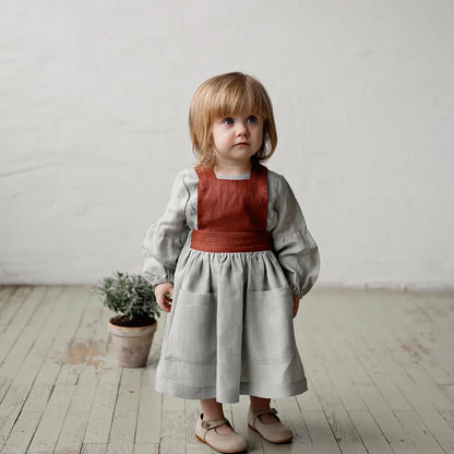 Girls Nordic Linen Pinafore Dress - Contrast-Strap Custom Colour